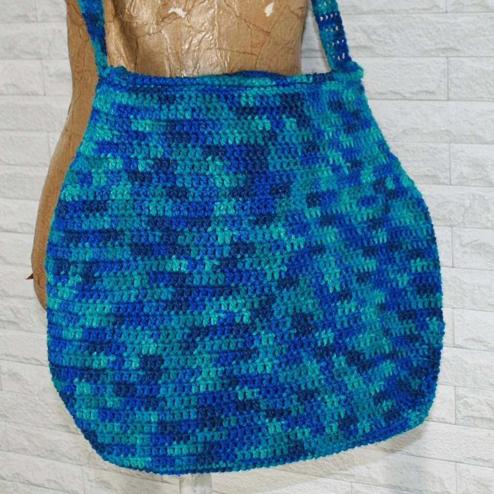 HAND CRAFTED Purse Crochet Owl Oversized Tote Hobo Bag Crossbody Blue Fringe - Picture 2 of 16